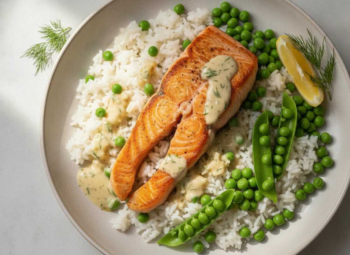 Salmon with rice, peas and creamy sauce photo