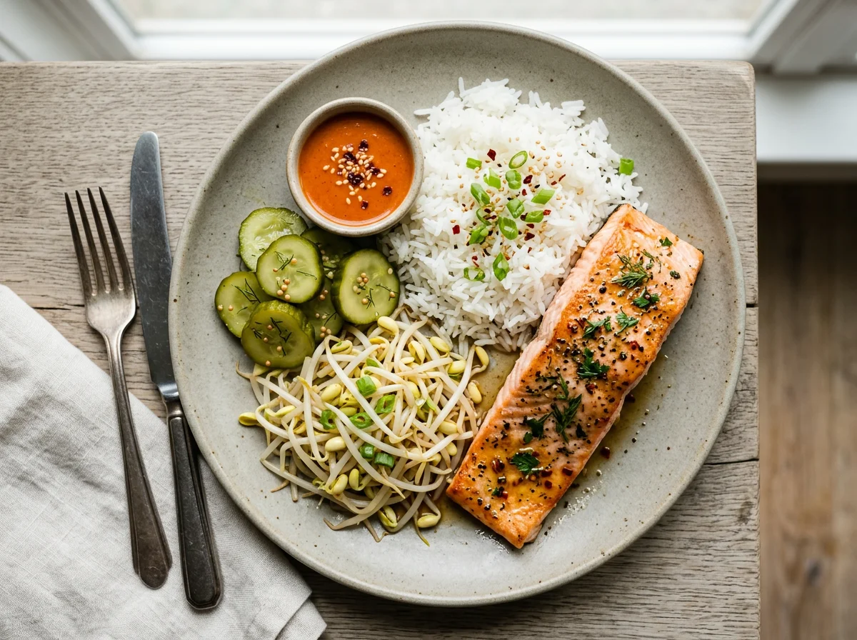 Salmon with Rice, Pickles and Bean Sprouts photo