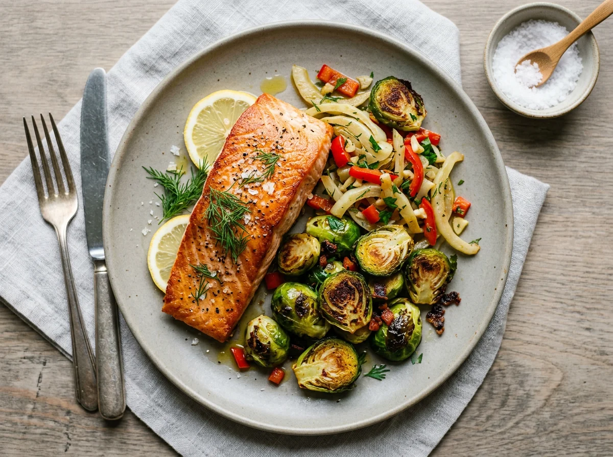 Salmon with Roasted Brussels Sprouts and Sautéed Fennel photo