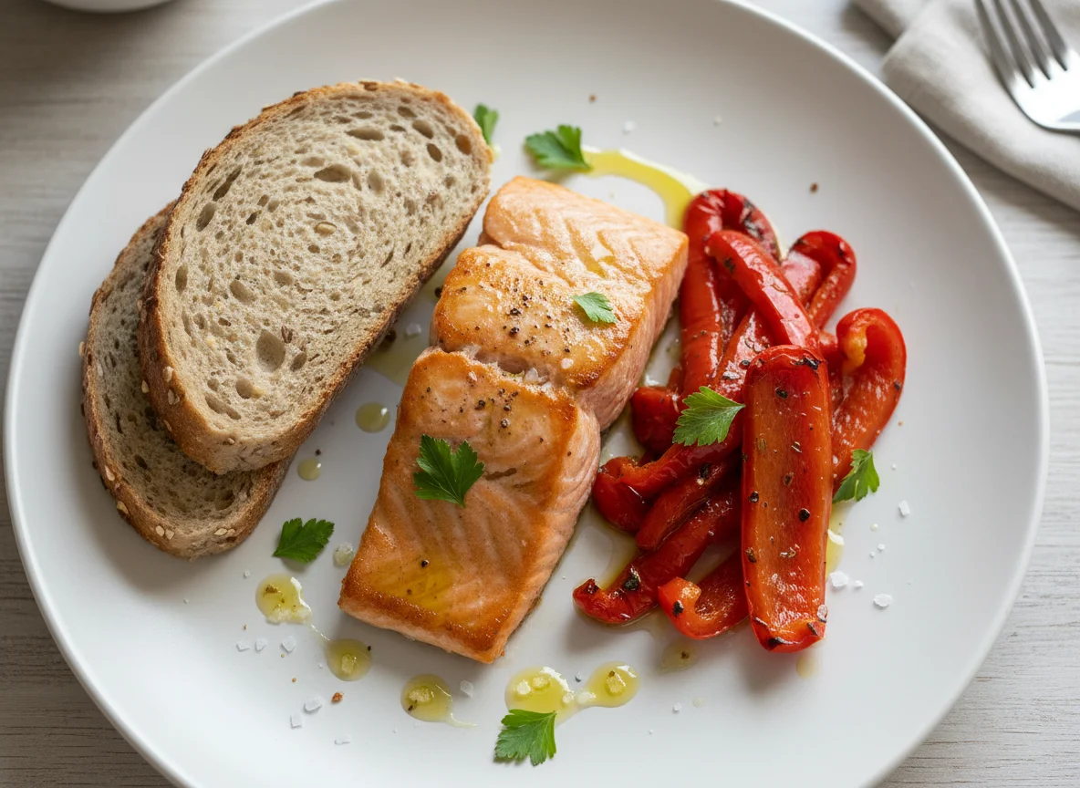 Salmon with roasted pepper and bread photo