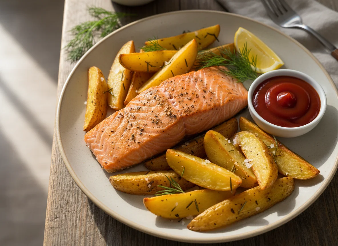 Salmon with Roasted Potato Wedges and Ketchup photo