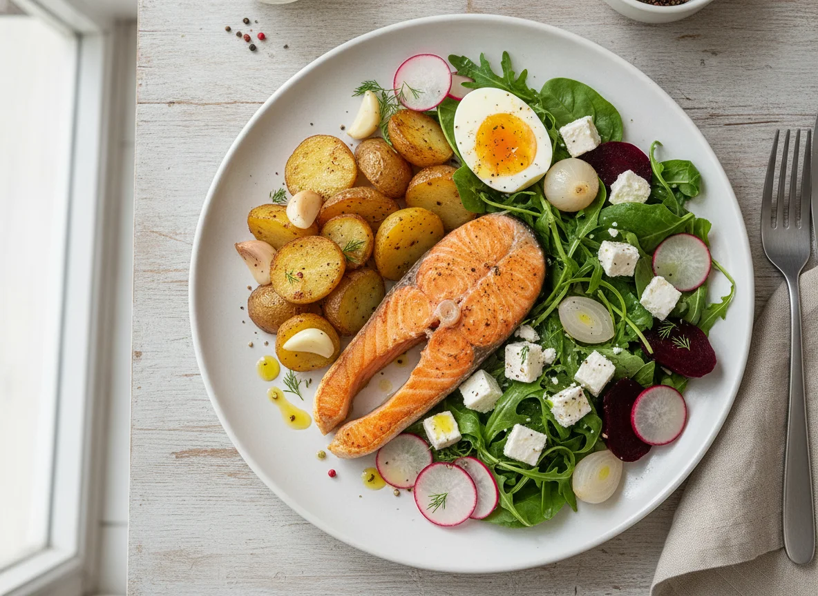 Salmon with roasted potatoes and mixed salad photo