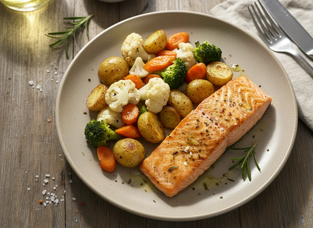 Salmon with Roasted Potatoes and Mixed Vegetables photo