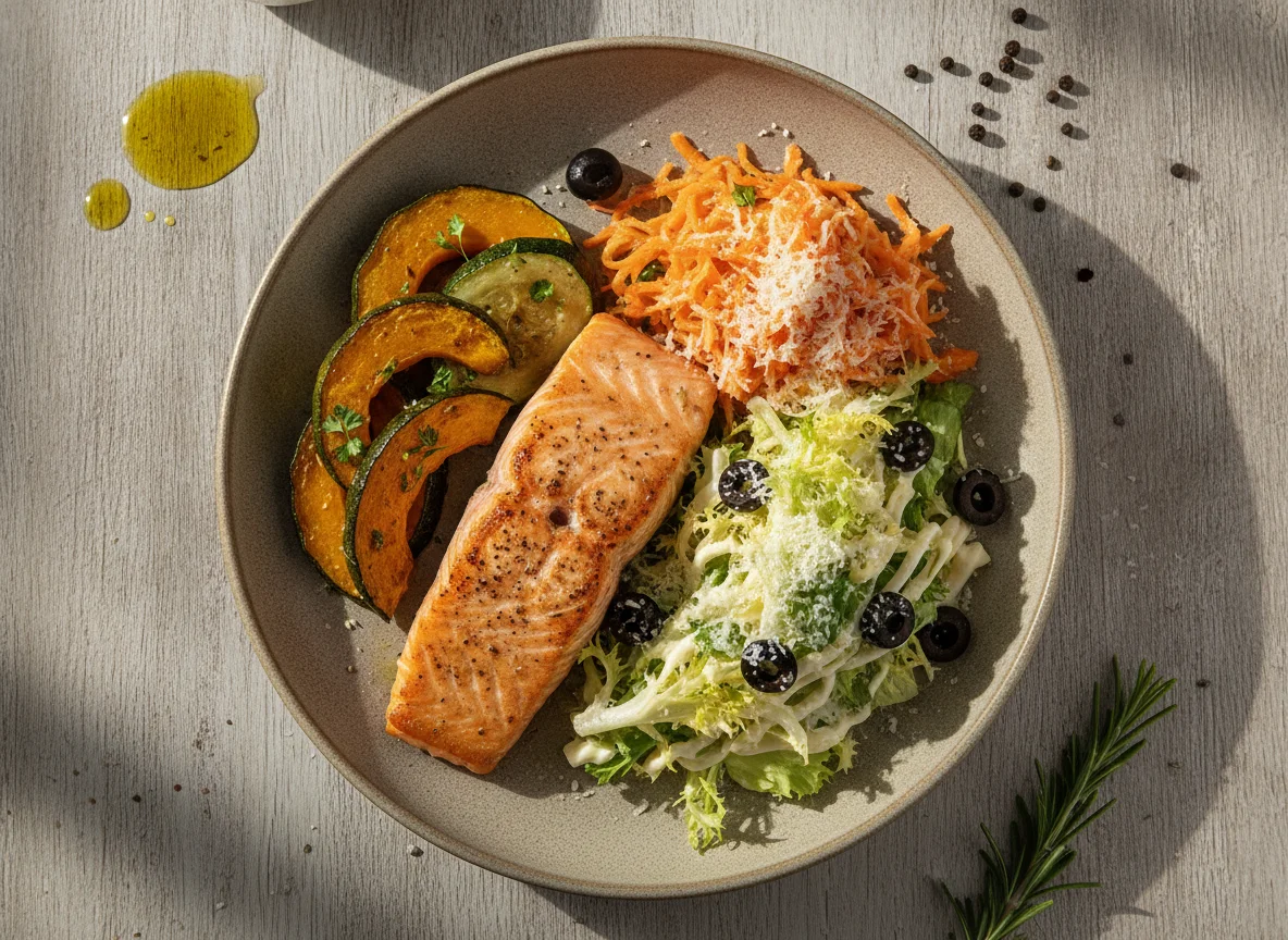 Salmon with roasted vegetables and carrot salad photo