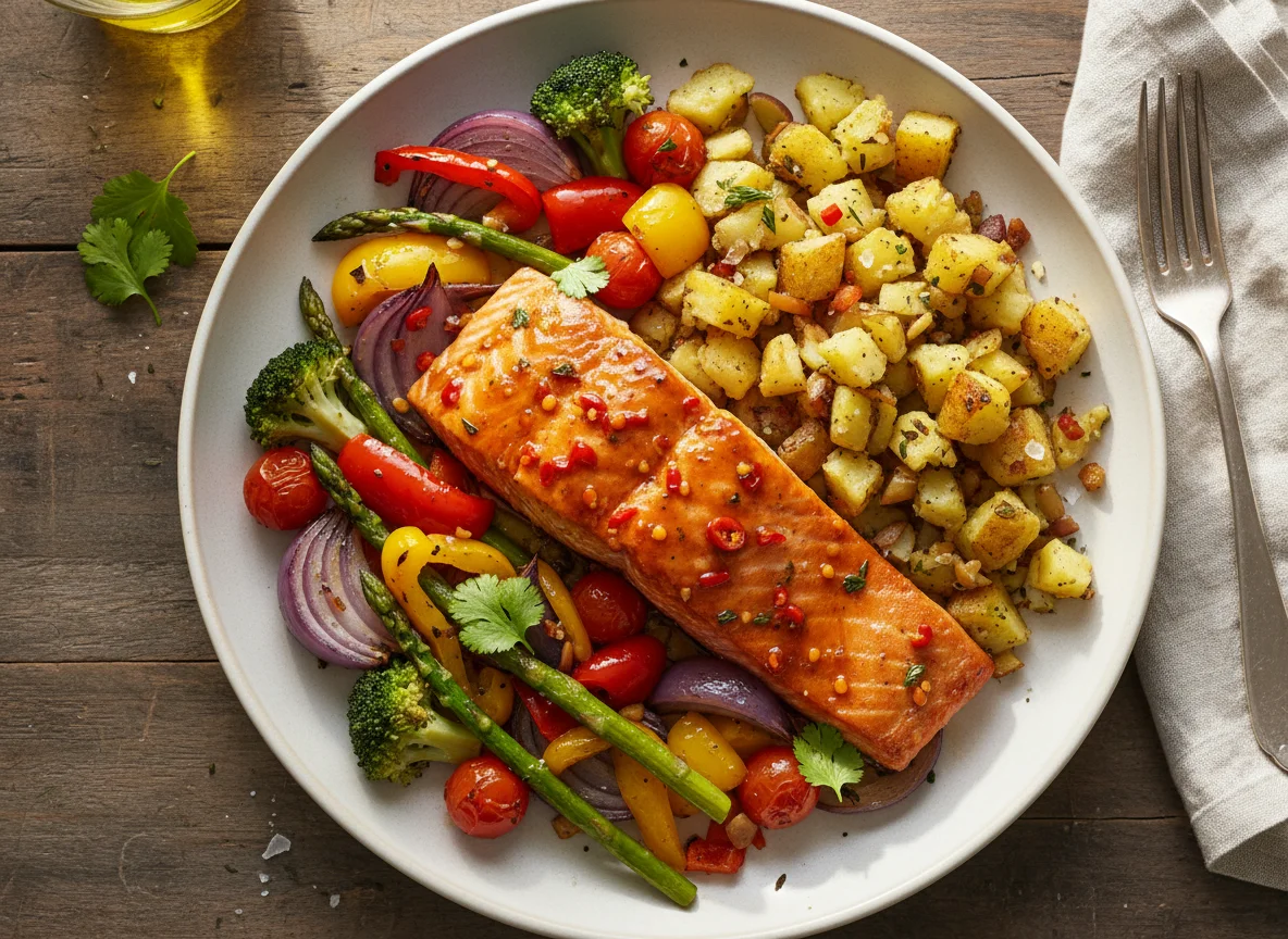 Salmon with Roasted Vegetables and Crushed Potatoes photo