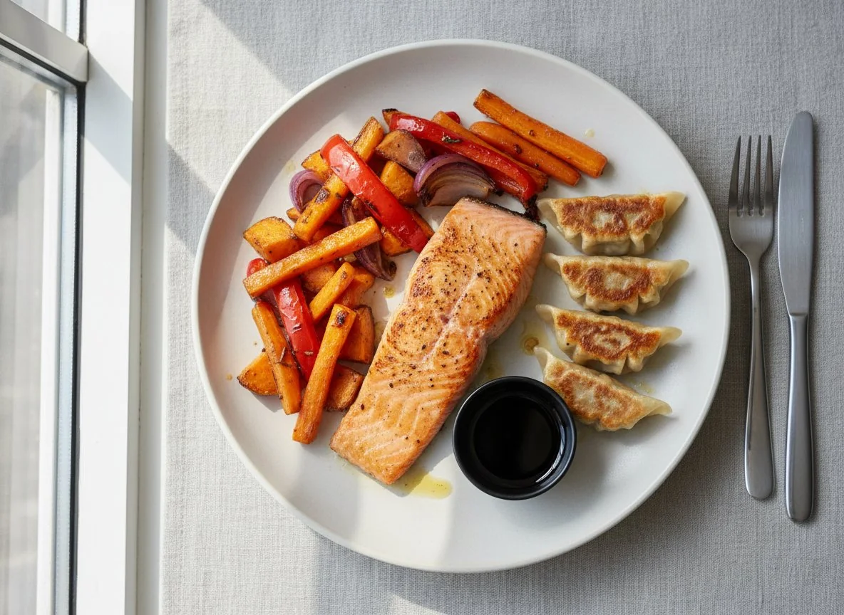 Salmon with Roasted Vegetables and Dumplings photo