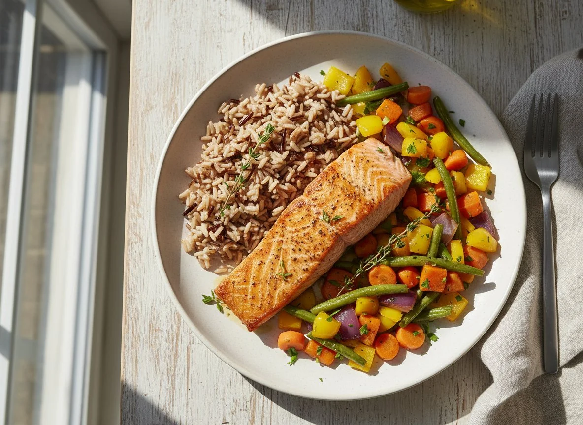 Salmon with Roasted Vegetables and Mixed Rice photo