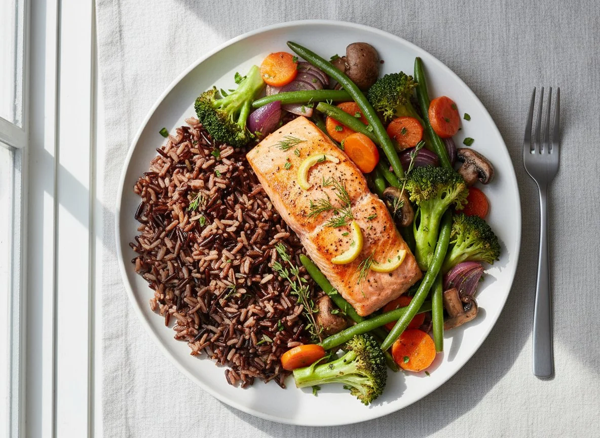 Salmon with Roasted Vegetables and Wild Rice photo