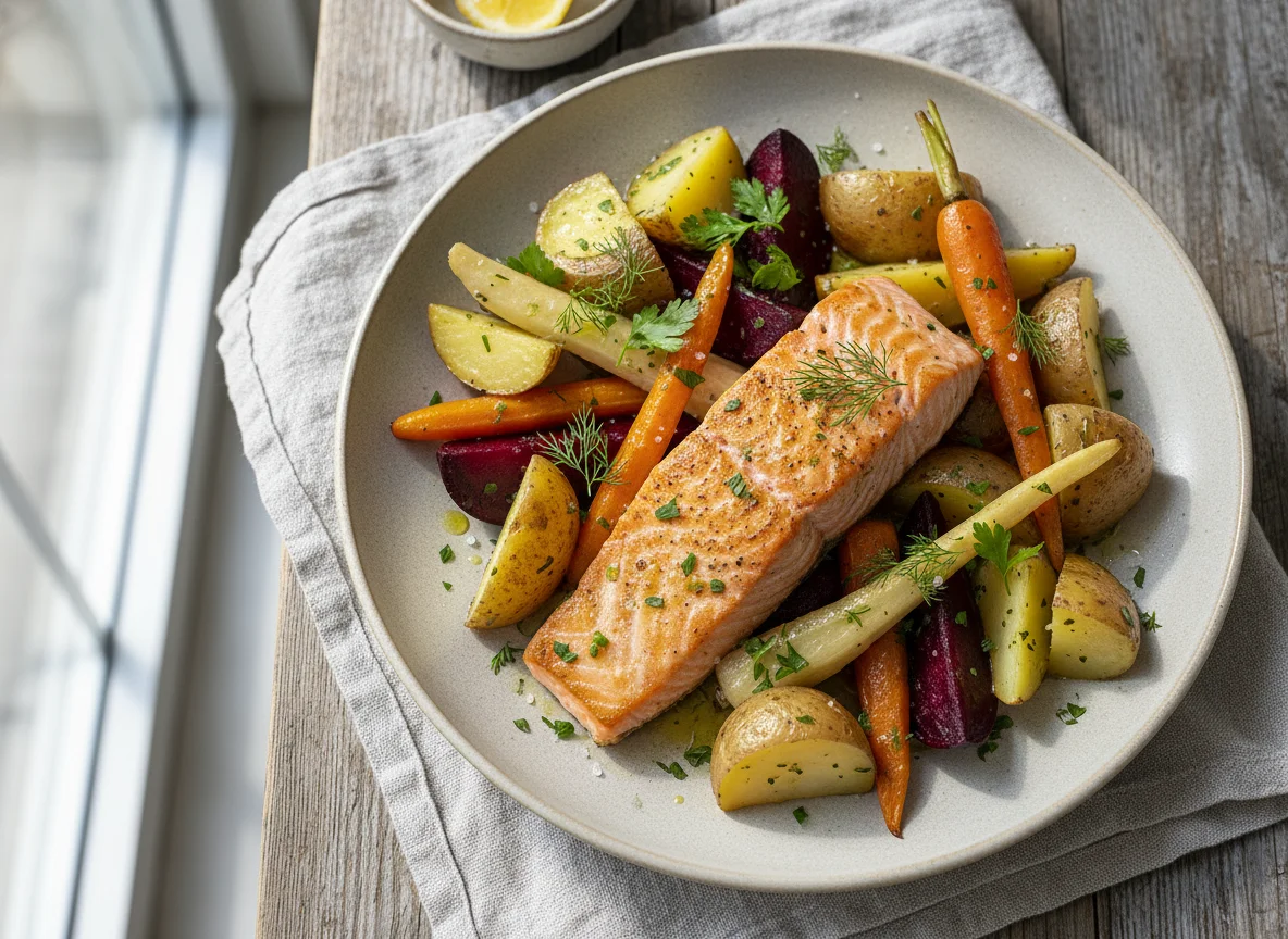 Salmon with root vegetables and potatoes photo