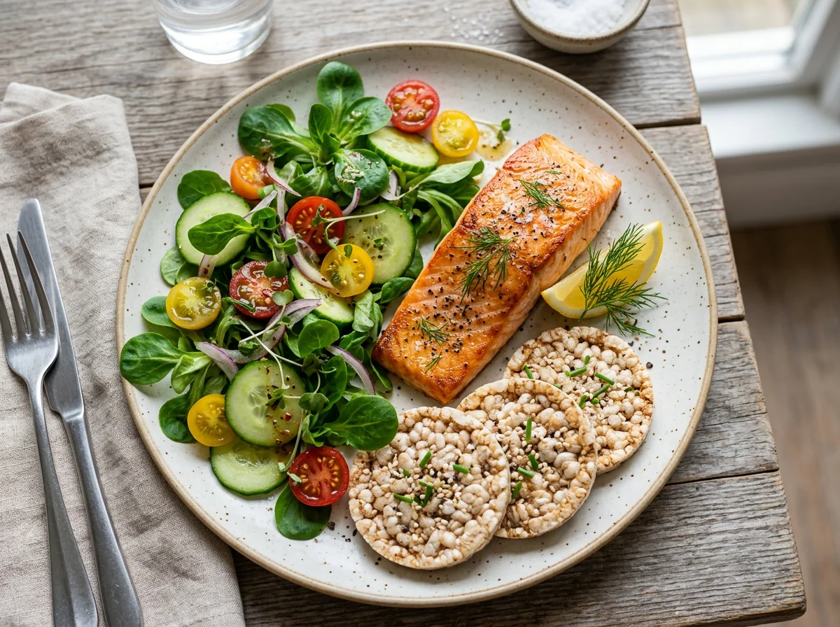Salmon with Salad and Rice Cakes photo