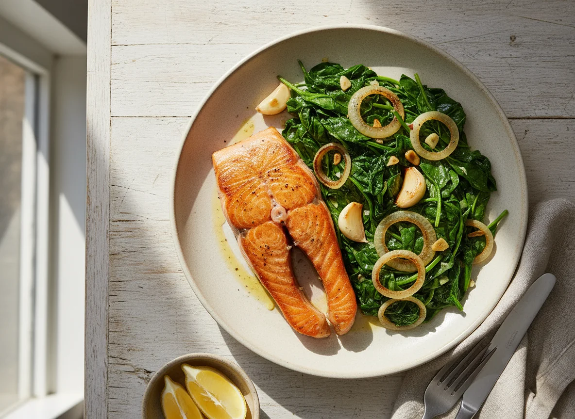 Salmon with Sautéed Spinach and Onions photo