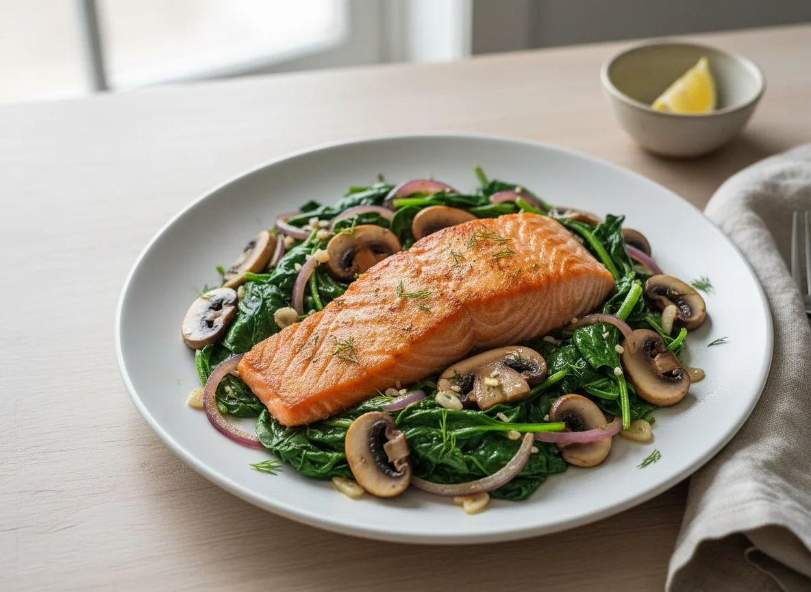 Salmon with Sauteed Spinach, Mushrooms, and Onions photo