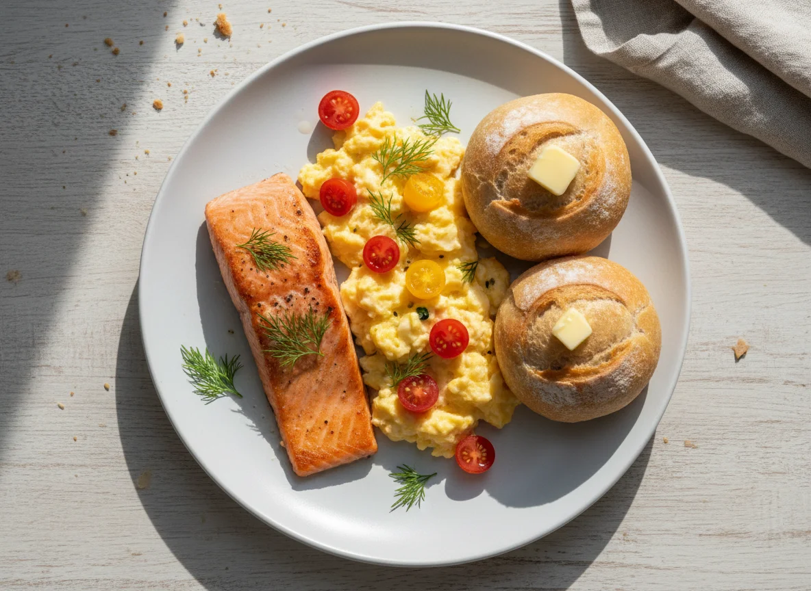 Salmon with Scrambled Eggs and Bread Rolls photo