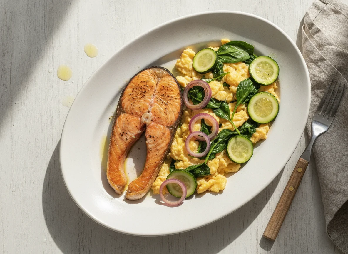 Salmon with Scrambled Eggs and Vegetables photo