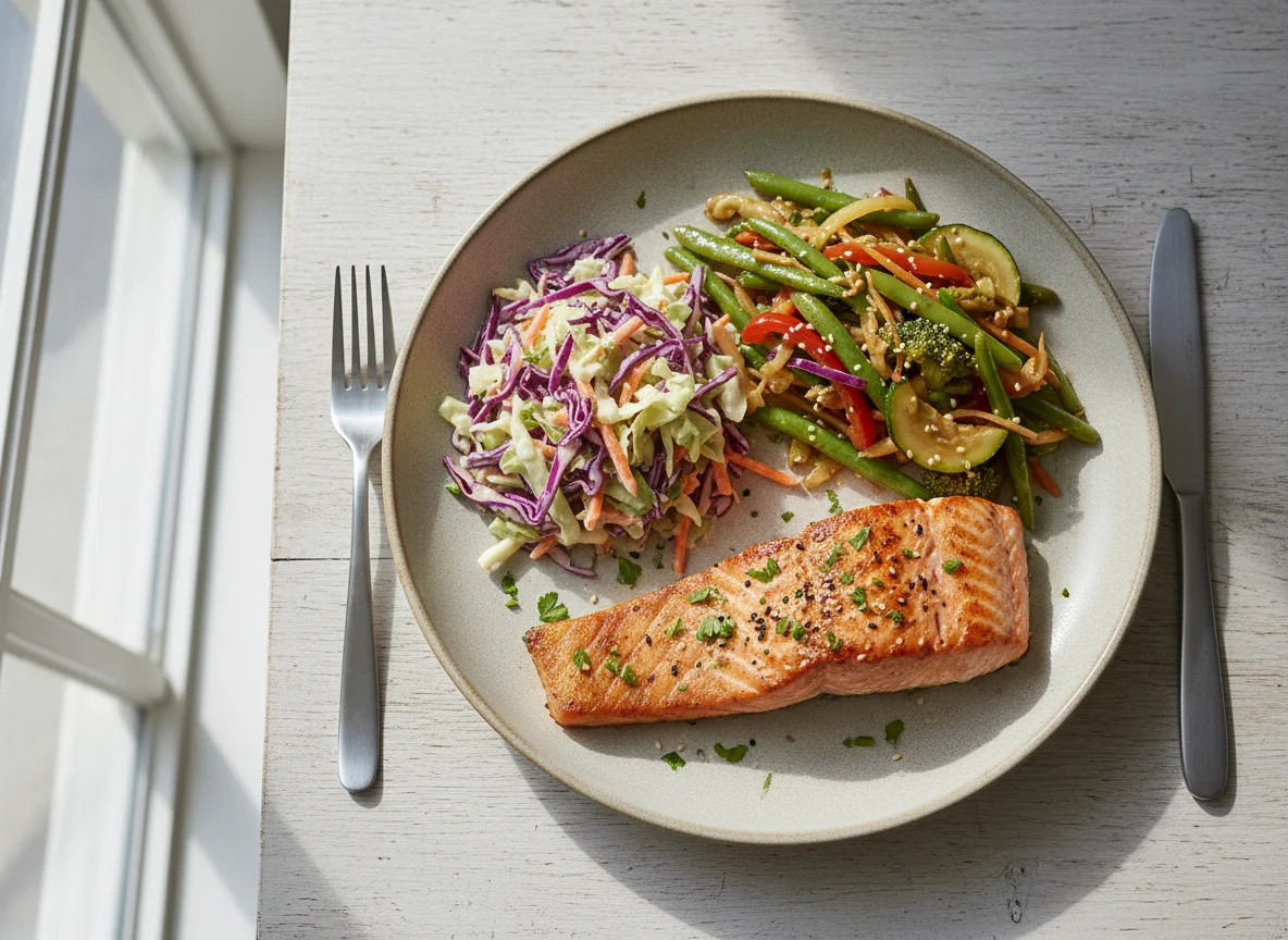 Salmon with Slaw and Mixed Vegetables photo