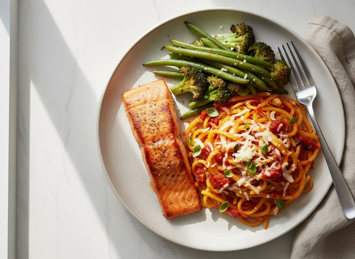 Salmon with Spaghetti Squash and Green Beans photo