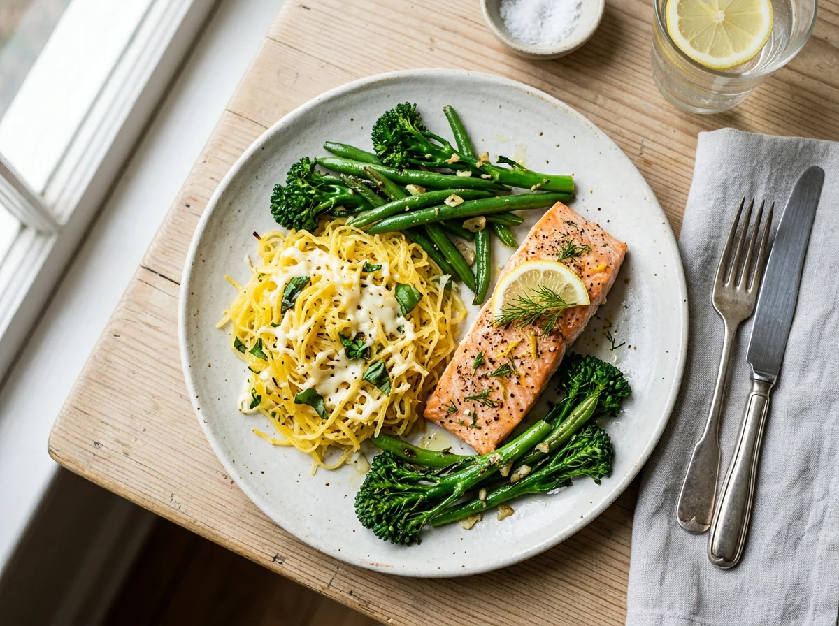 Salmon with Spaghetti Squash and Green Vegetables photo