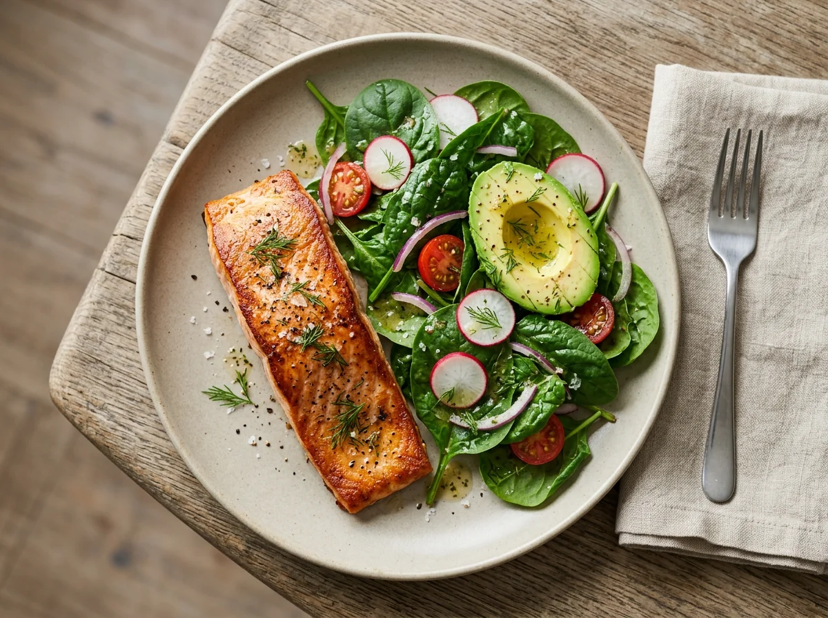 Salmon with Spinach and Avocado Salad photo
