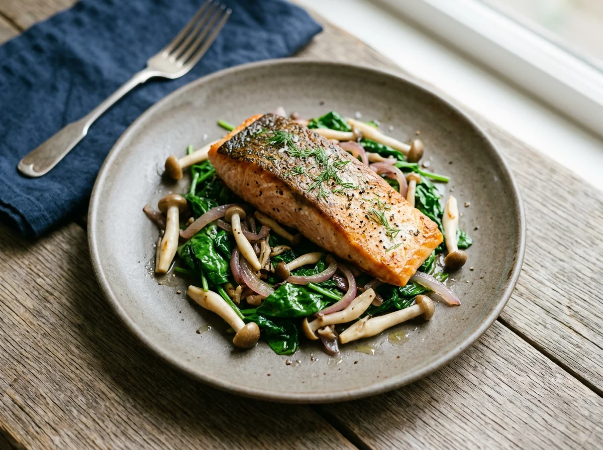 Salmon with Spinach and Mushrooms photo