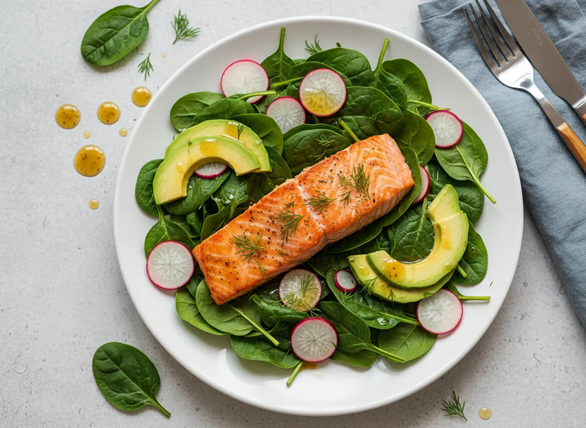 Salmon with Spinach, Avocado, and Radish Salad photo
