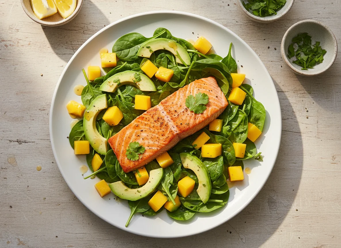 Salmon with Spinach, Mango, and Avocado Salad photo