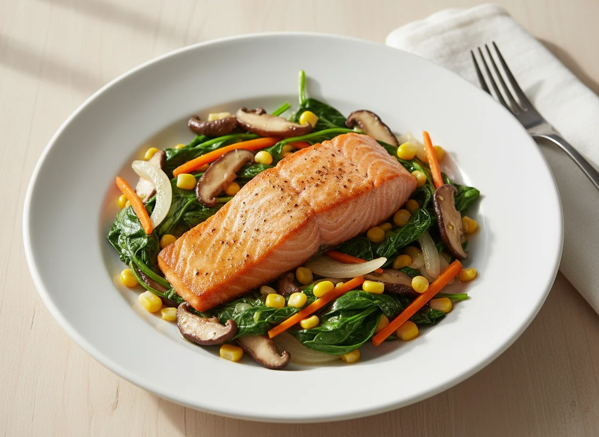 Salmon with Spinach, Mushrooms, and Corn photo