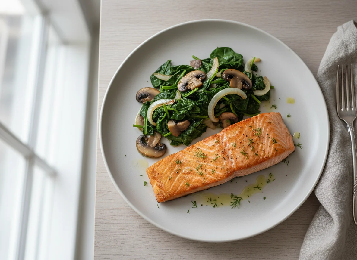 Salmon with Spinach, Mushrooms, and Onions photo