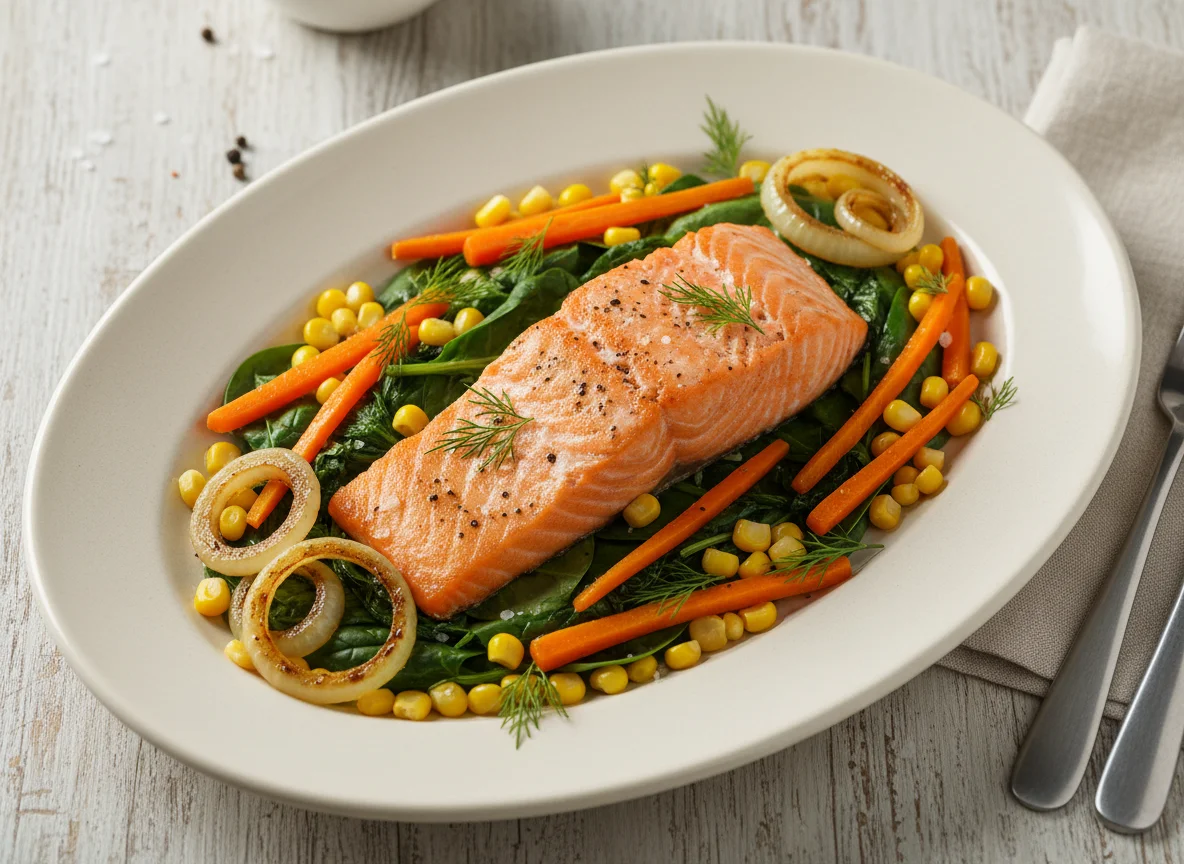 Salmon with Spinach, Onions, Corn, and Carrots photo