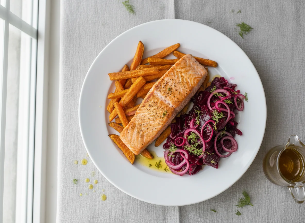 Salmon with Sweet Potato Fries and Beetroot Salad photo