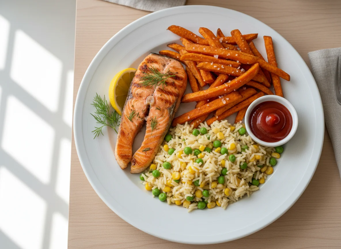 Salmon with Sweet Potato Fries and Corn & Pea Rice photo