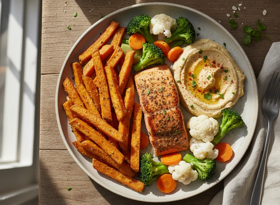Salmon with sweet potato fries, mixed vegetables and hummus photo