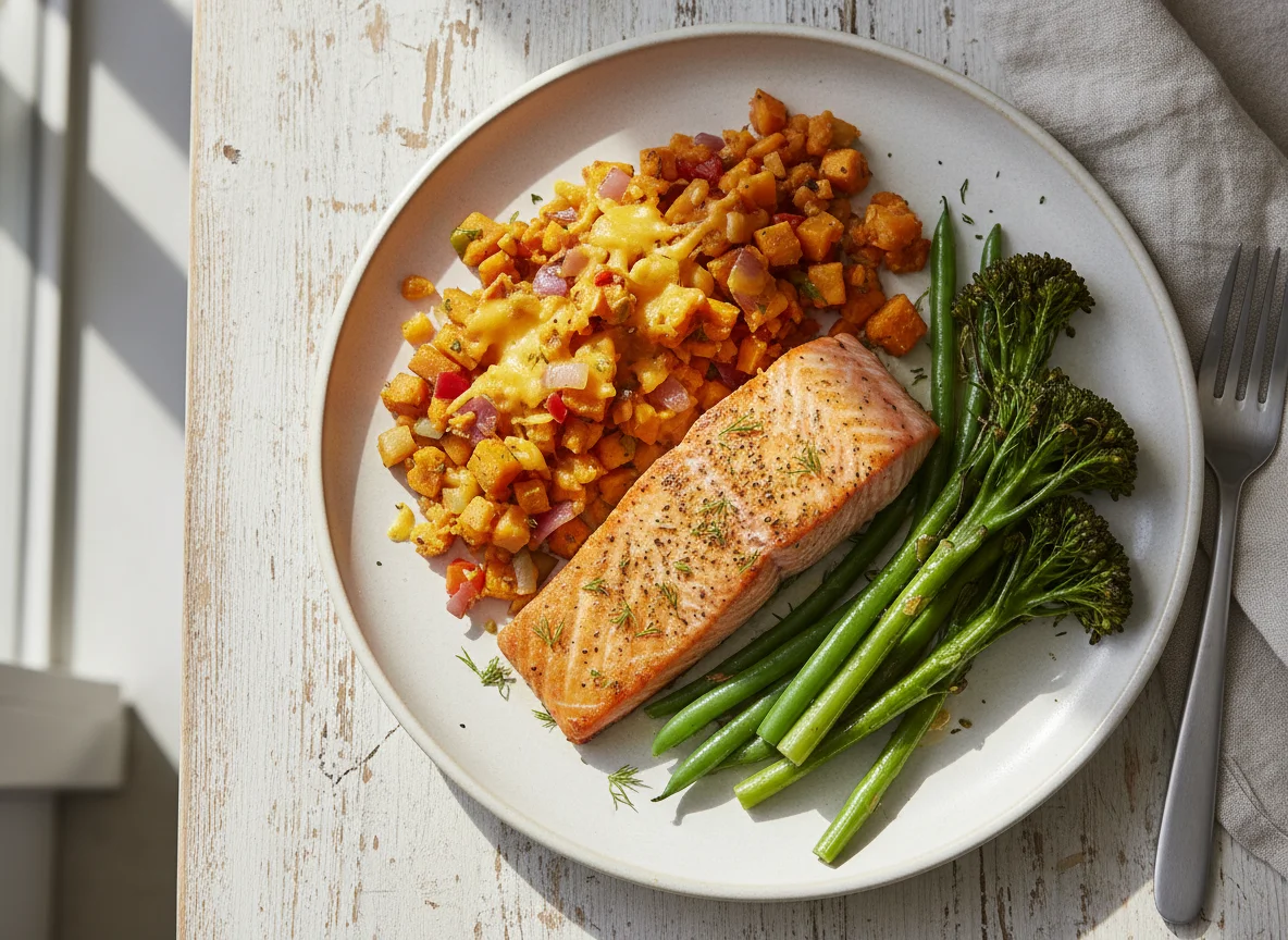 Salmon with Sweet Potato Hash and Green Vegetables photo