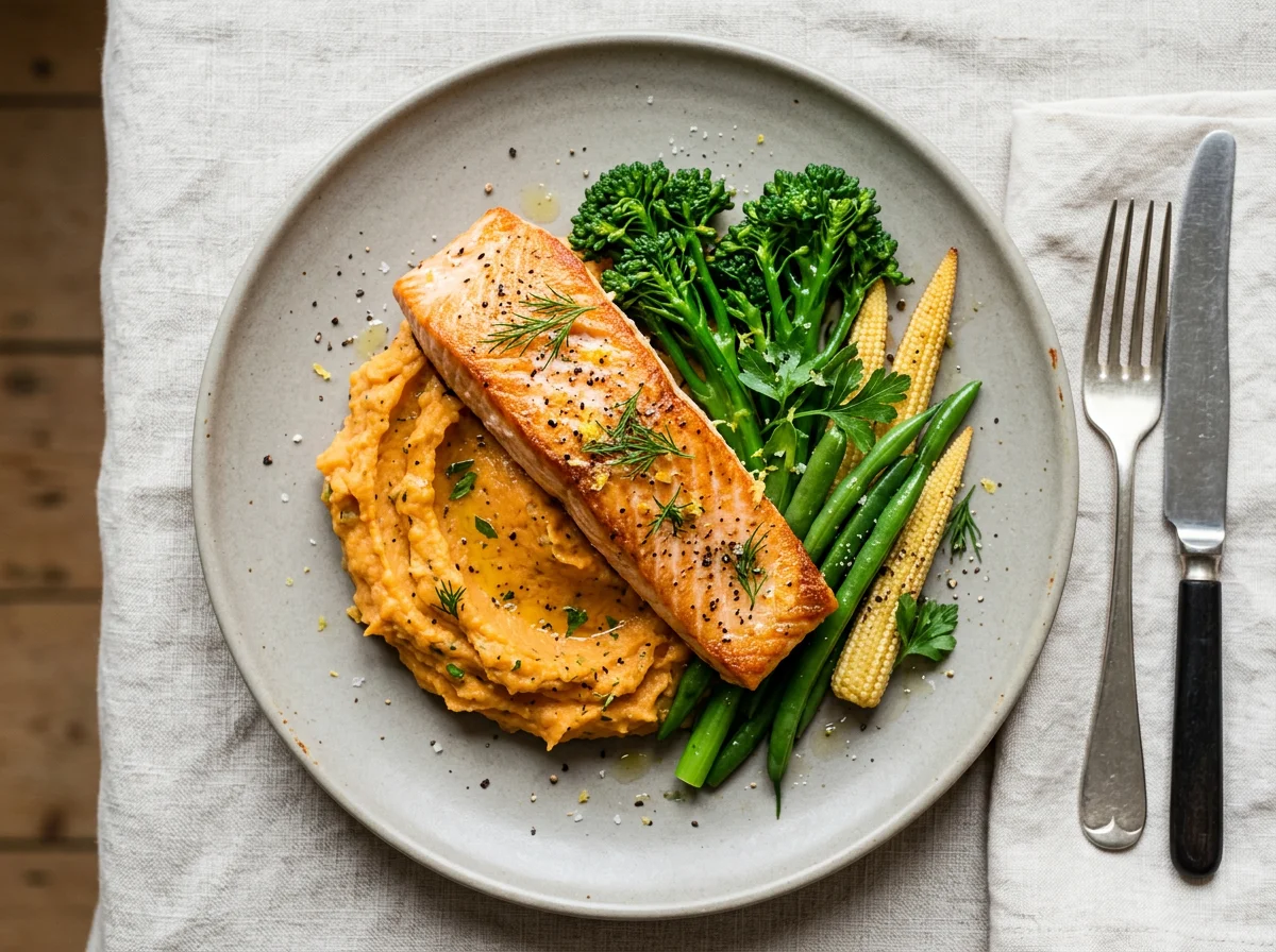 Salmon with Sweet Potato Mash and Green Vegetables photo
