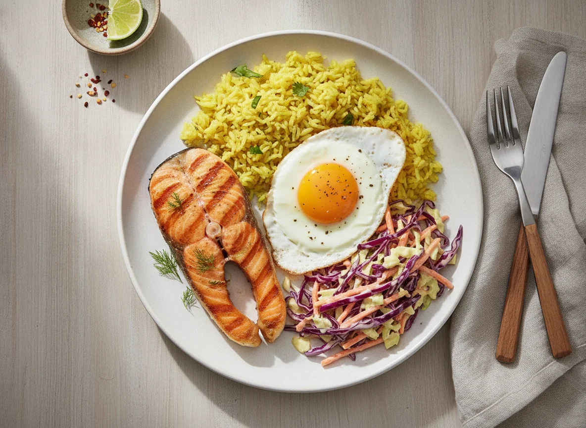 Salmon with Turmeric Rice, Fried Egg and Coleslaw photo
