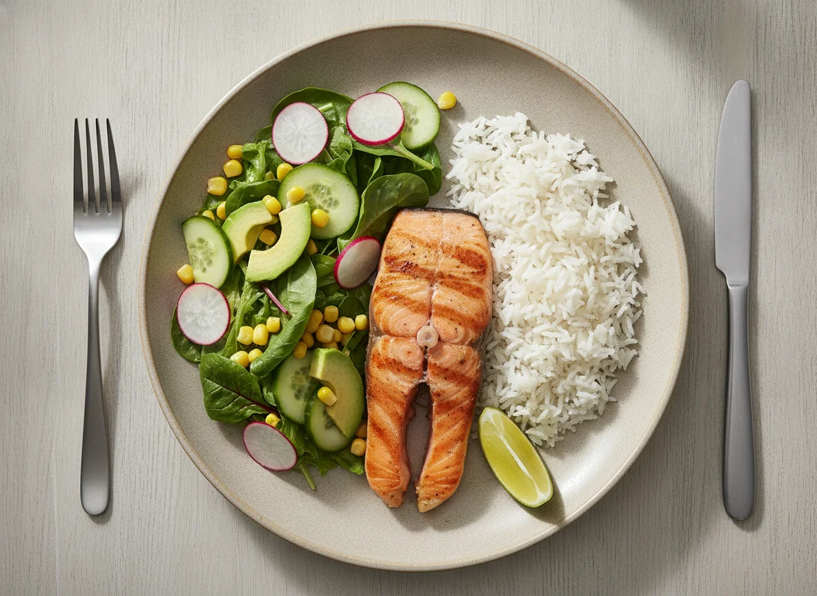 Salmon with white rice and salad photo