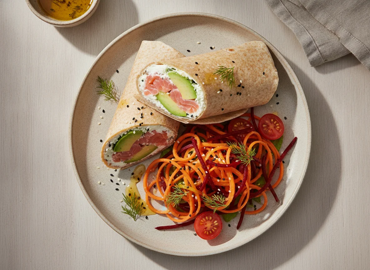 Salmon wrap with avocado and carrot salad photo