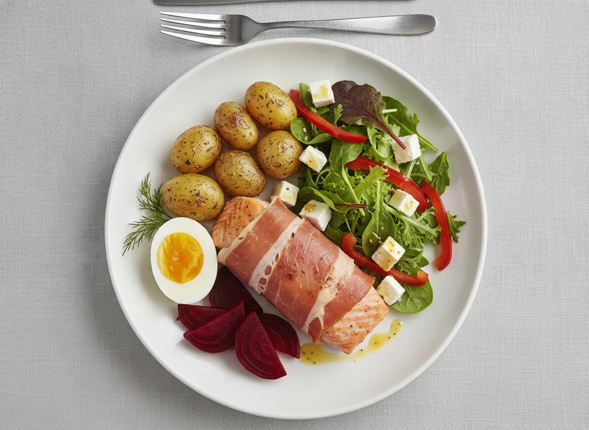 Salmon wrapped in Parma ham with roasted potatoes and salad photo