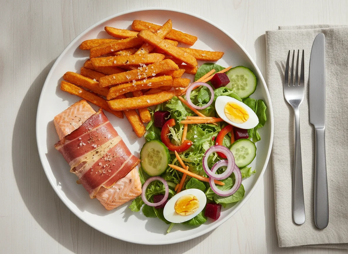 Salmon wrapped in parma ham with sweet potato fries and salad photo