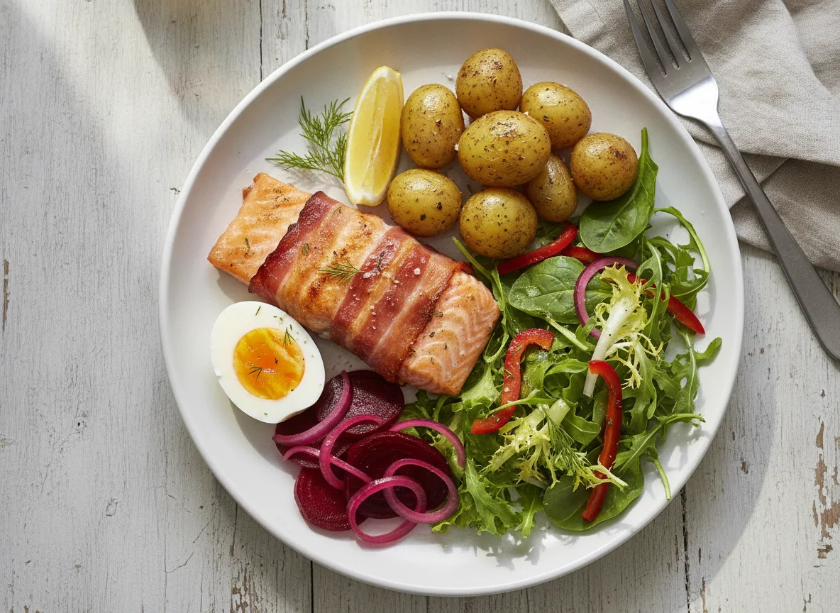 Salmon wrapped in prosciutto with roasted potatoes, boiled egg, and mixed salad photo