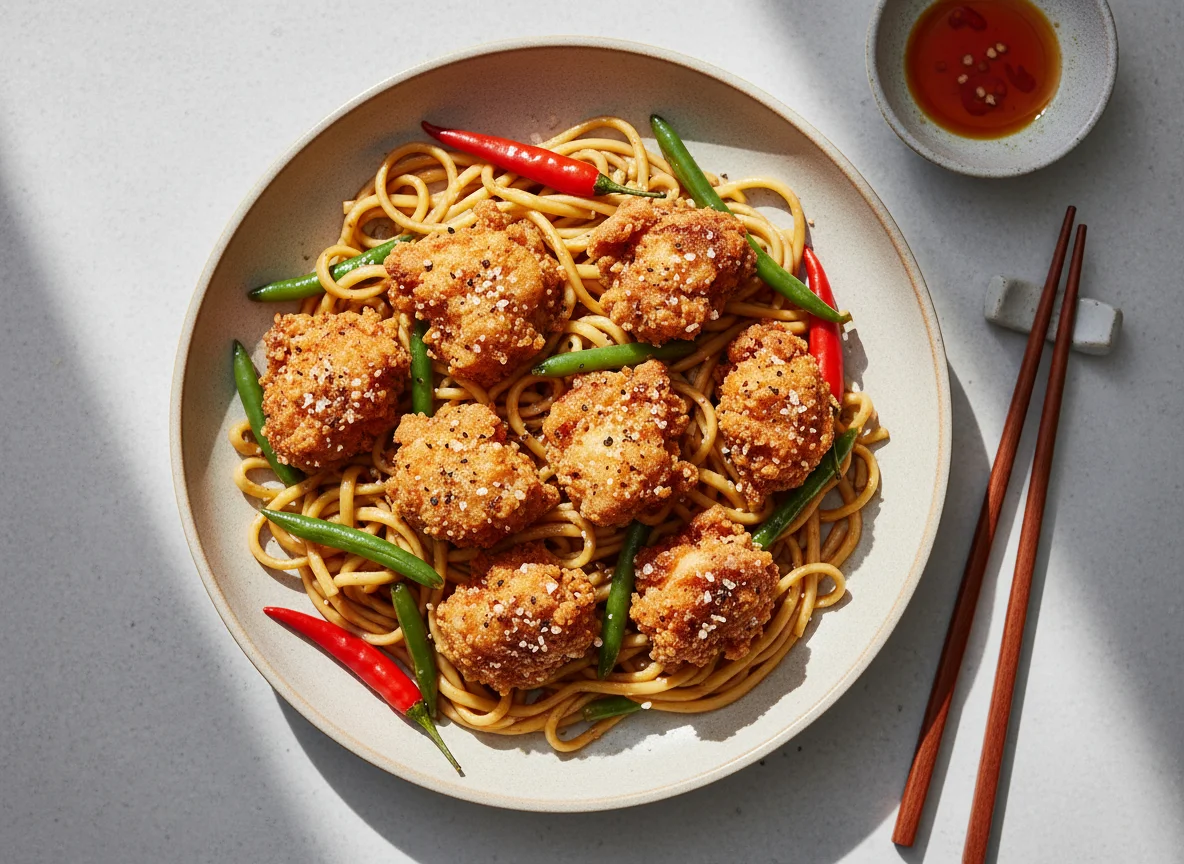 Salt and pepper chicken with noodles photo