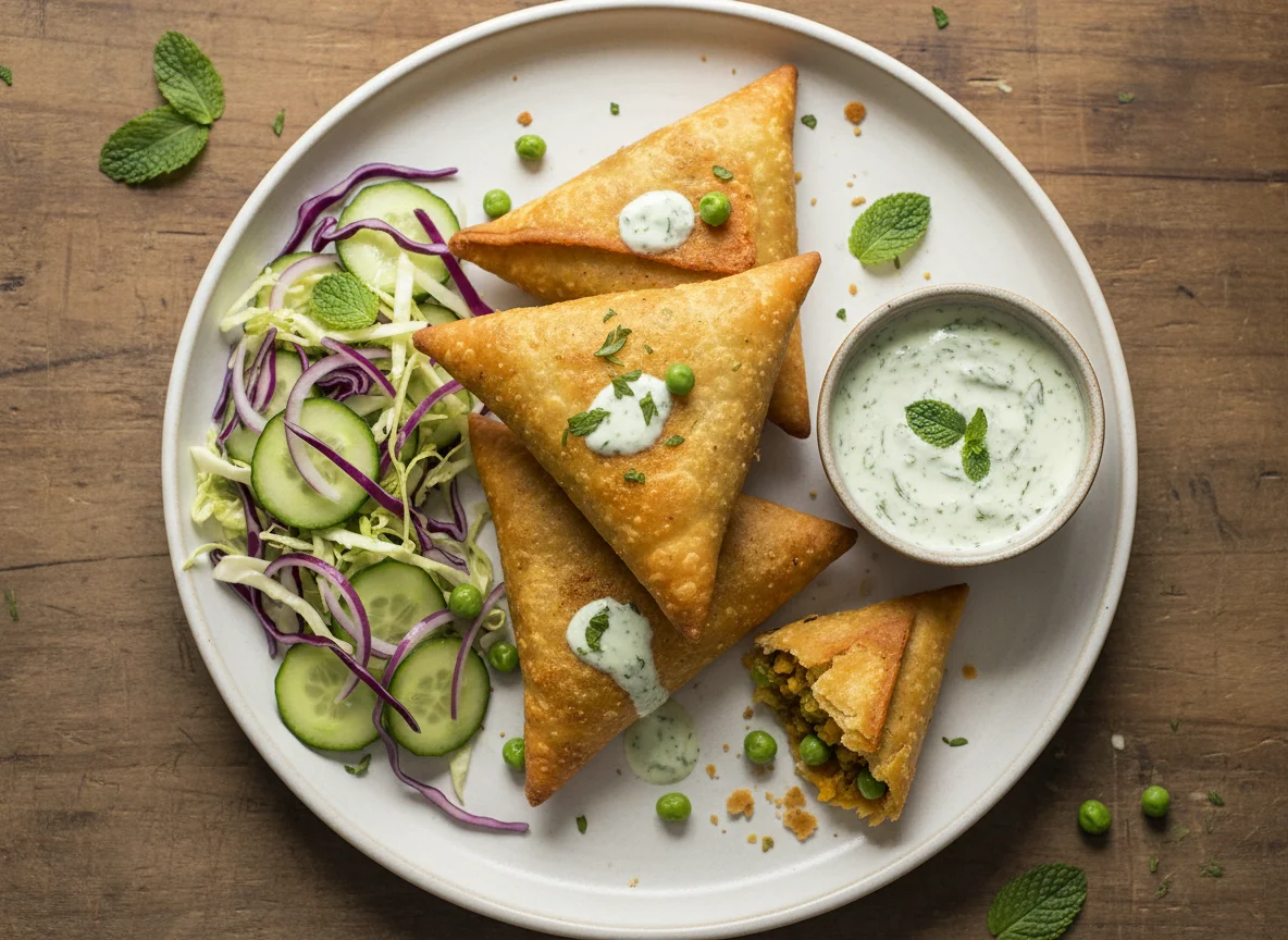 Samosa with salad and mint sauce photo