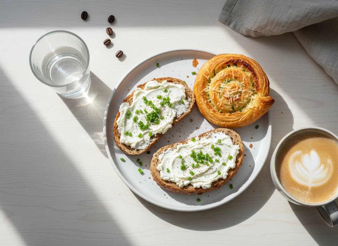 Sandwich and pastry with coffee photo