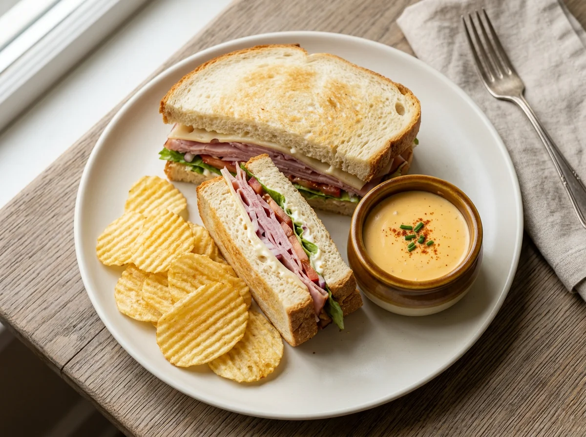 Sandwich with crisps and dip photo
