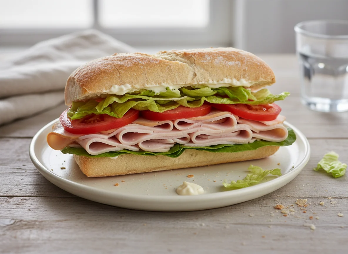 Sandwich with deli meat and vegetables photo