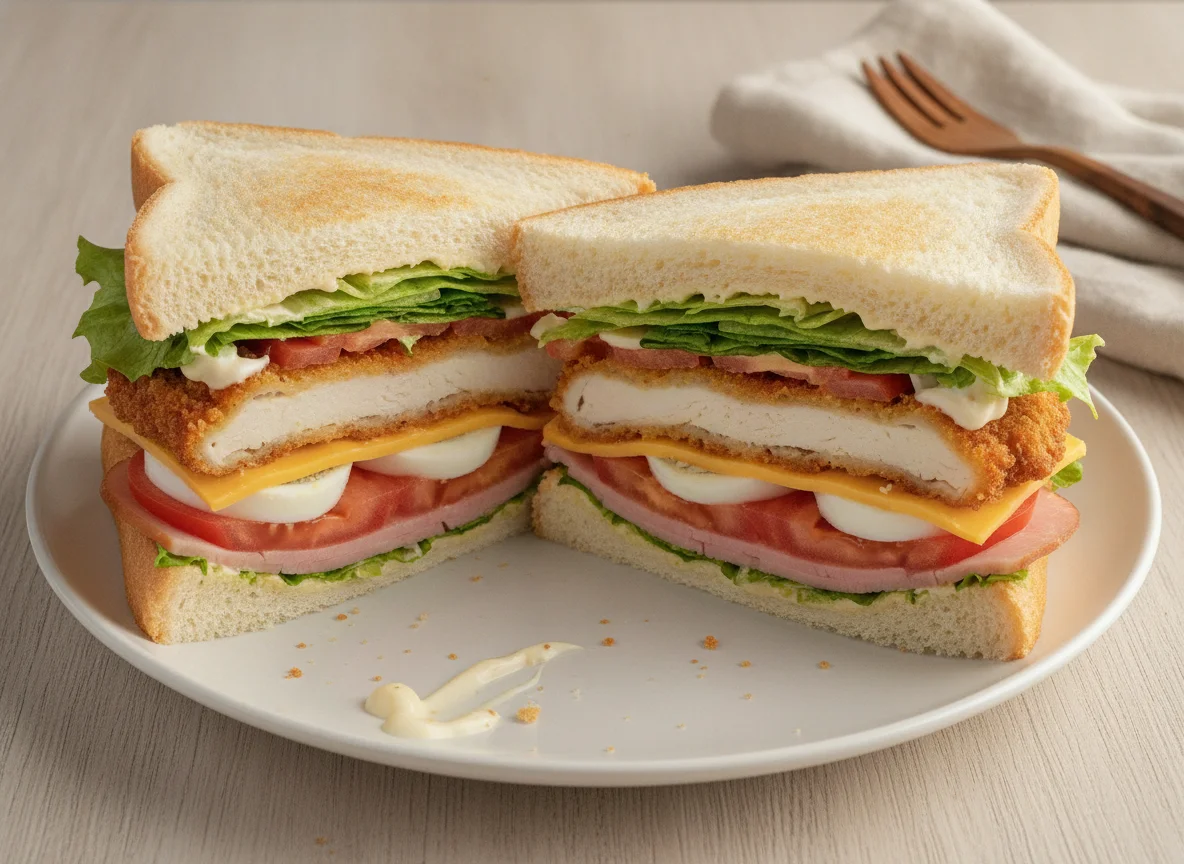 Sandwich with fried patty, egg, and tomatoes photo