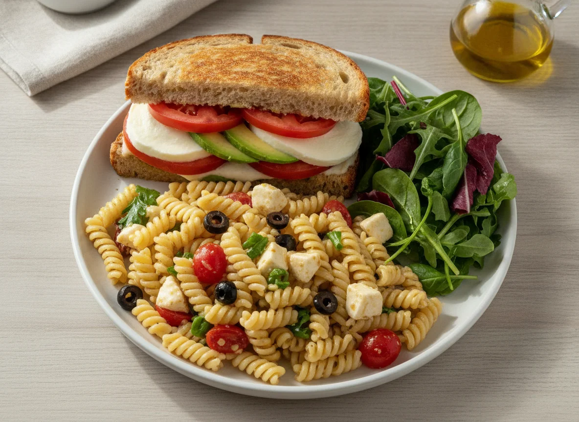 Sandwich with Pasta Salad and Mixed Greens photo