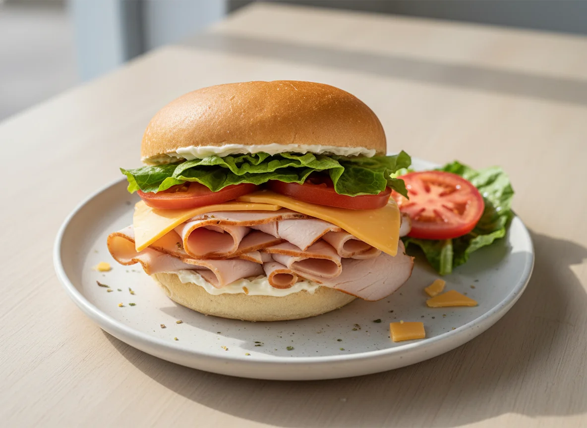 Sandwich with turkey, cheese, lettuce, and tomato photo