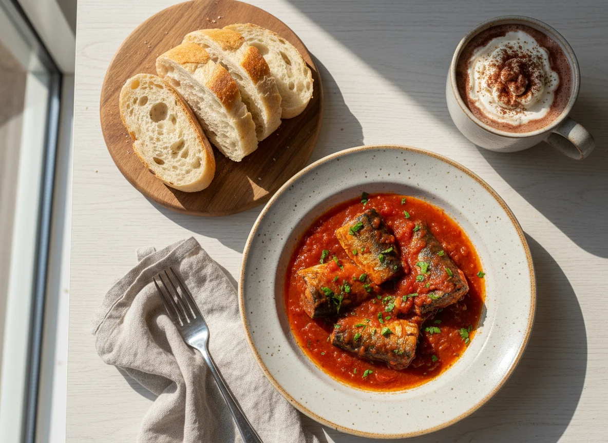Sardines in Tomato Sauce with Bread and Hot Chocolate photo