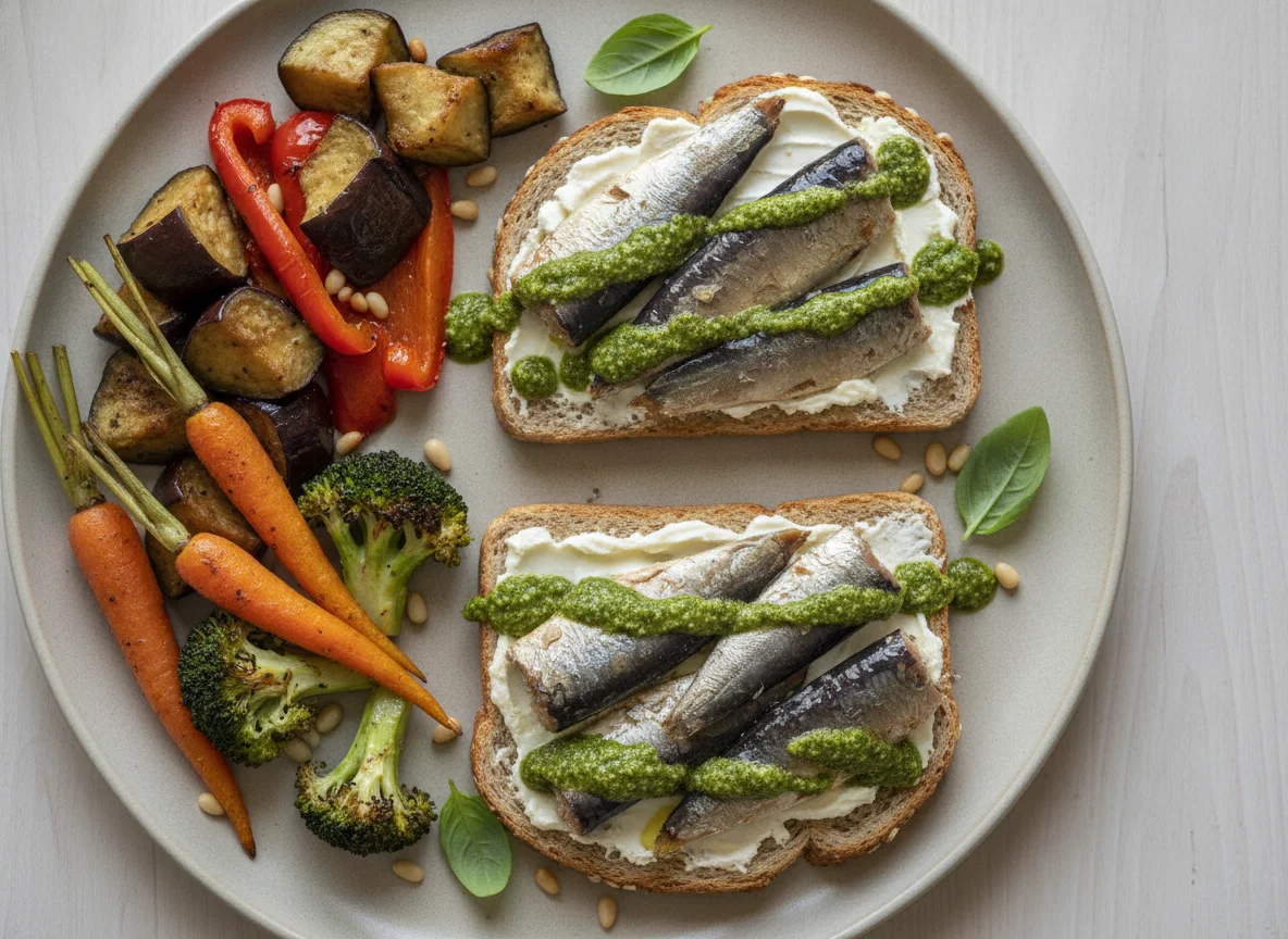 Sardines on toast with roasted vegetables and pesto photo
