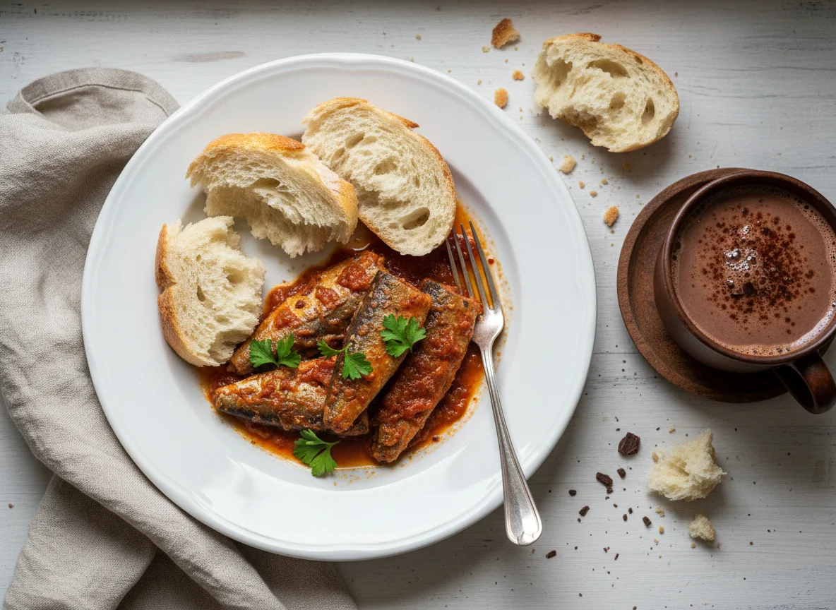 Sardines with Bread and Hot Chocolate photo